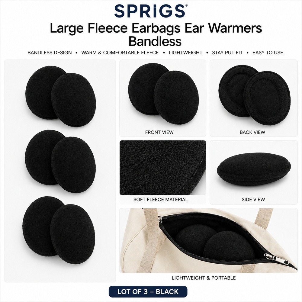 Sprigs Large Fleece Earbags Ear Warmers Bandless Black‎ Lot of 3 Pairs Mens NEW